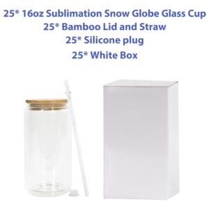 CHLJAR 16oz Snow Globe Tumbler, 25pack Sublimation Snowglobe Cup with Bamboo Lids and Straws, Double Walled Glass Mug Bulk, Pre Drilled Glass Blank for Snow Globe Glitter, Individual Packaging