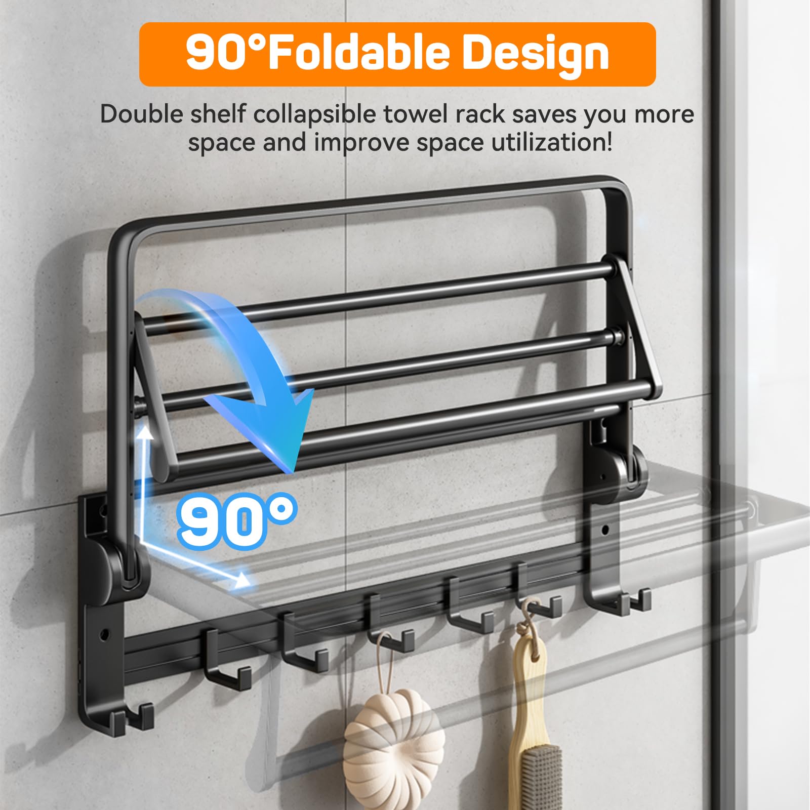 Towel Racks for Bathroom 24in, Black Towel Rack Wall Mounted, Foldable Bathroom Towel Rack with Shelf, Towel Holder with Towel Bar, Drilling/Adhesive Wall Towel Rack for Rental/Laundry,5 Sliding Hooks