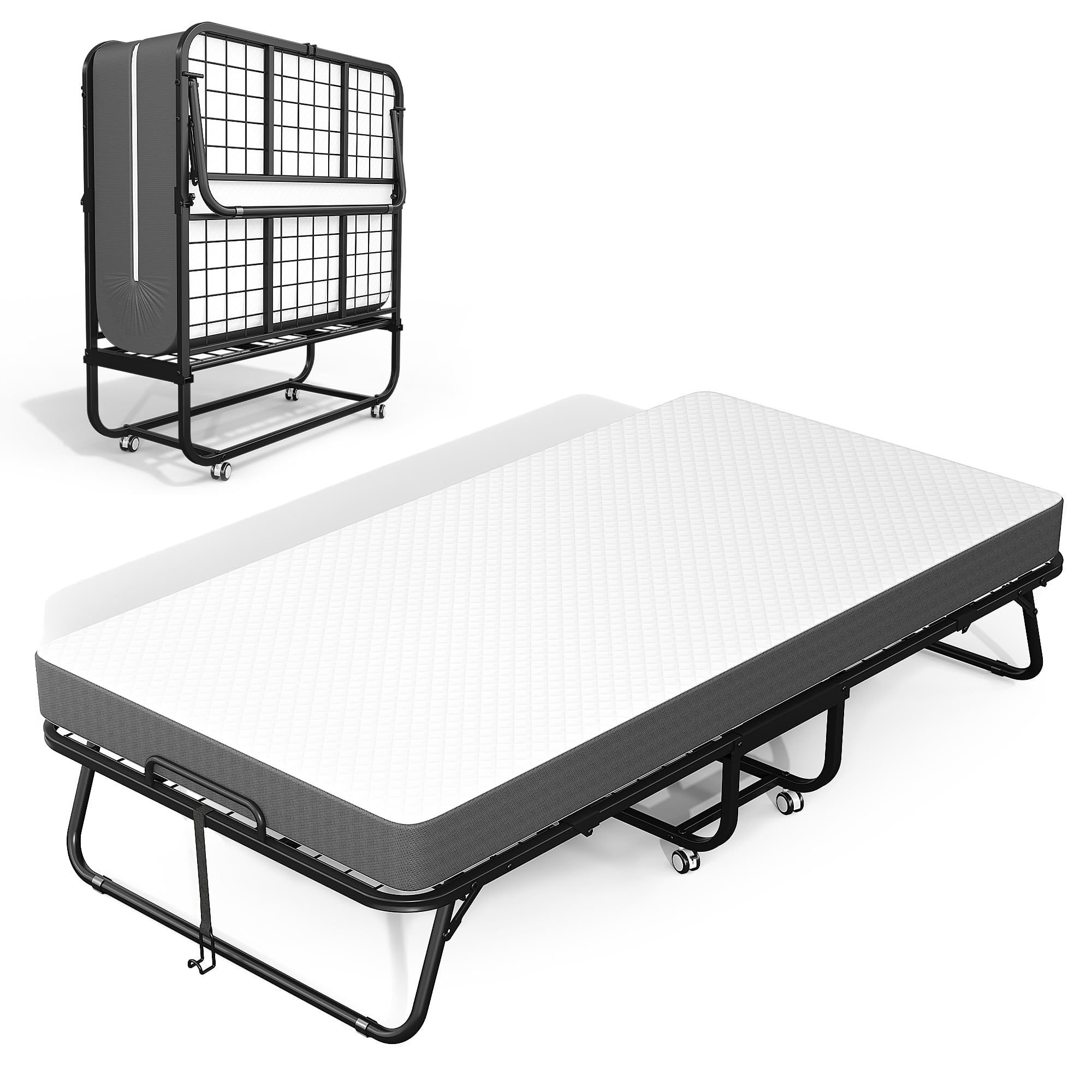 SPERTIKC Folding Bed with 5” Mattress, 75" x 38" Twin Folding Bed for Adults, Portable Foldable Twin Bed, Fold up Guest Bed with Study Metal Frame on Wheels, Space Saving