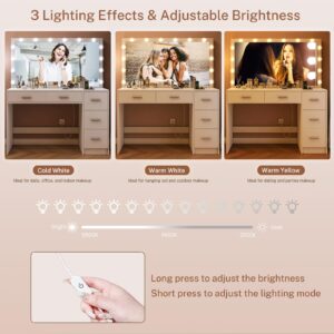 FIONESO 47.2" Large Vanity Desk with Mirror & 14 LED Lights, Makeup Vanity Table with 5 Drawers & Charging Station, Makeup Vanity Desk, 3 Lighting Colors, Dressing Vanity Table for Bedroom, White