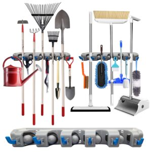 cathfranc broom and mop holder wall mount organizer- no more boring colors with 5 grips and 6 hooks color gray and blue garden tool holder broom and mop hanger garage broom holder wall mount