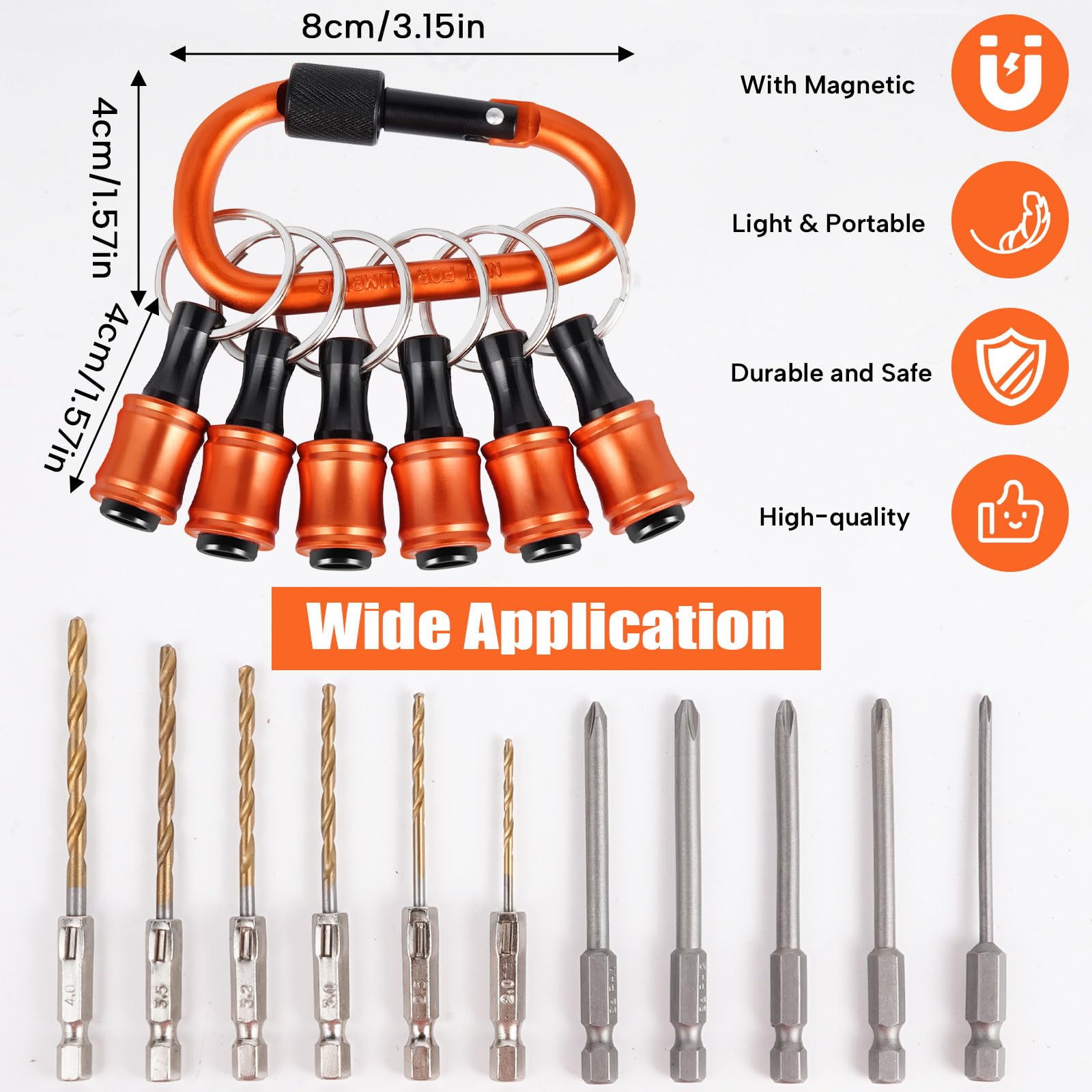 FACAINCXS 6PCS Bit Holders Keychain, 1/4 inch Hex Shank Bit Holders, Quick-Change Design for Nut Driver, Screwdriver & Drill Bits, Include Orange Keychain Carabiner Gifts for Men