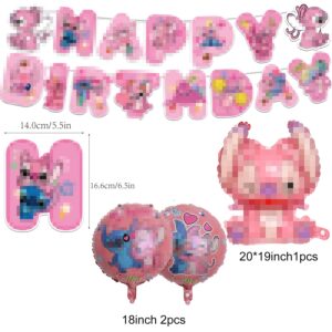 Generic Pink stich Birthday Decorations stich Birthday Party Supplies stich Happy Birthday Banner Hanging Swirls Cake Topper Balloons Tablecloth for Birthday Party Supplies