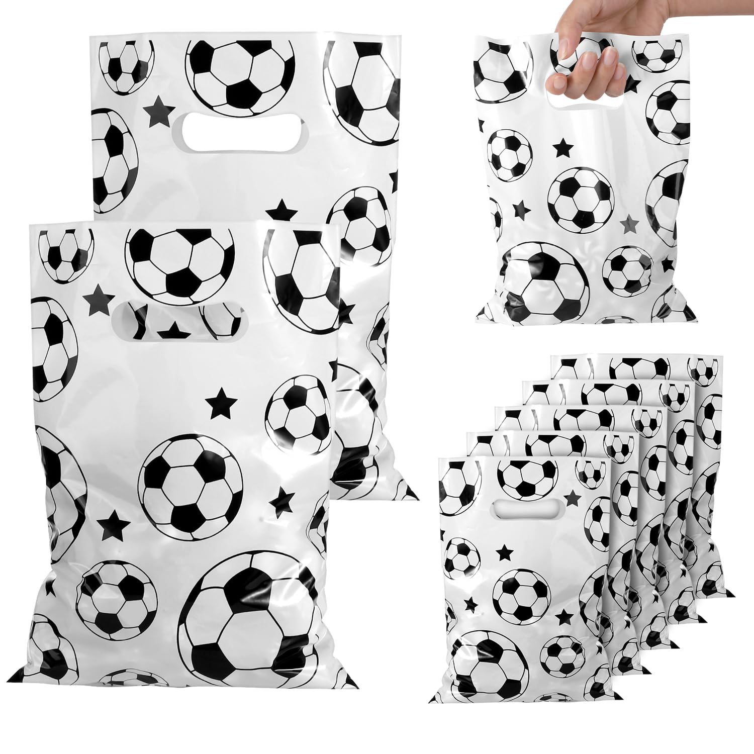 PEUTIER 50pcs Soccer Gift Bags, Plastic Soccer Party Bags Soccer Goodie Goody Snack Treat Candy Bags Soccer Present Party Favor Bags for Team Kids Teens Games Sports Events Supplies (White)