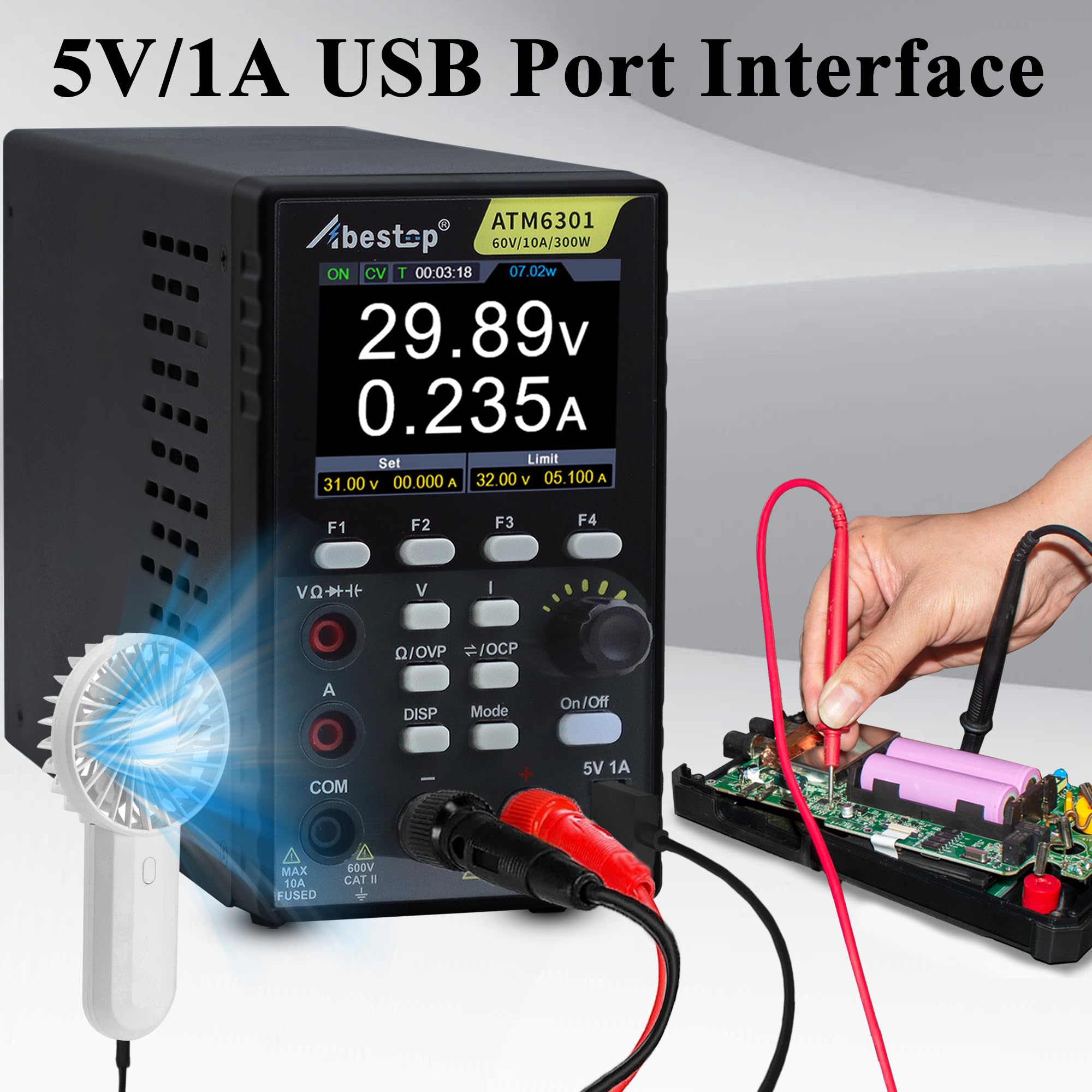 2 in 1 DC Power Supply Multimeter 60V/ 10A Benchtop Power Supply Multiple Protections 2.8" LCD USB Charging (60V/10A/300W/ATM6301)