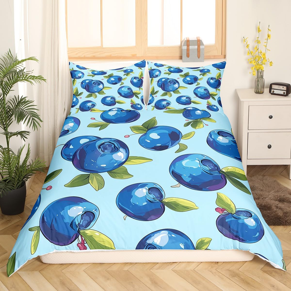 Manfei Cartoon Blueberry Kids Duvet Cover Set Queen Size,Summer Tropical Fruits Bedding Set,Boys Girls Room Decor,Hawaii Summer Beach Comforter Cover,Blue Green Quilt Cover,2 Pillowcases