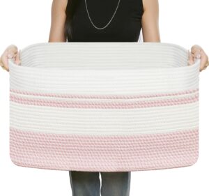 r runka large rectangular cotton rope storage basket - 82l- ideal for toy storage, blankets, laundry, woven organizer for living room, bedroom - 22"x17"x12"（white & pink）