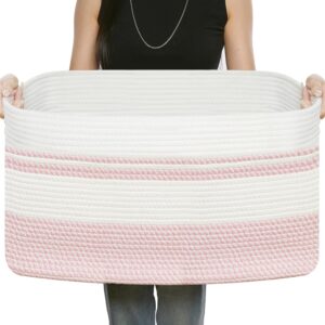 R RUNKA Large Rectangular Cotton Rope Storage Basket - 82L- Ideal for Toy Storage, Blankets, Laundry, Woven Organizer for Living Room, Bedroom - 22"x17"x12"（White & Pink）