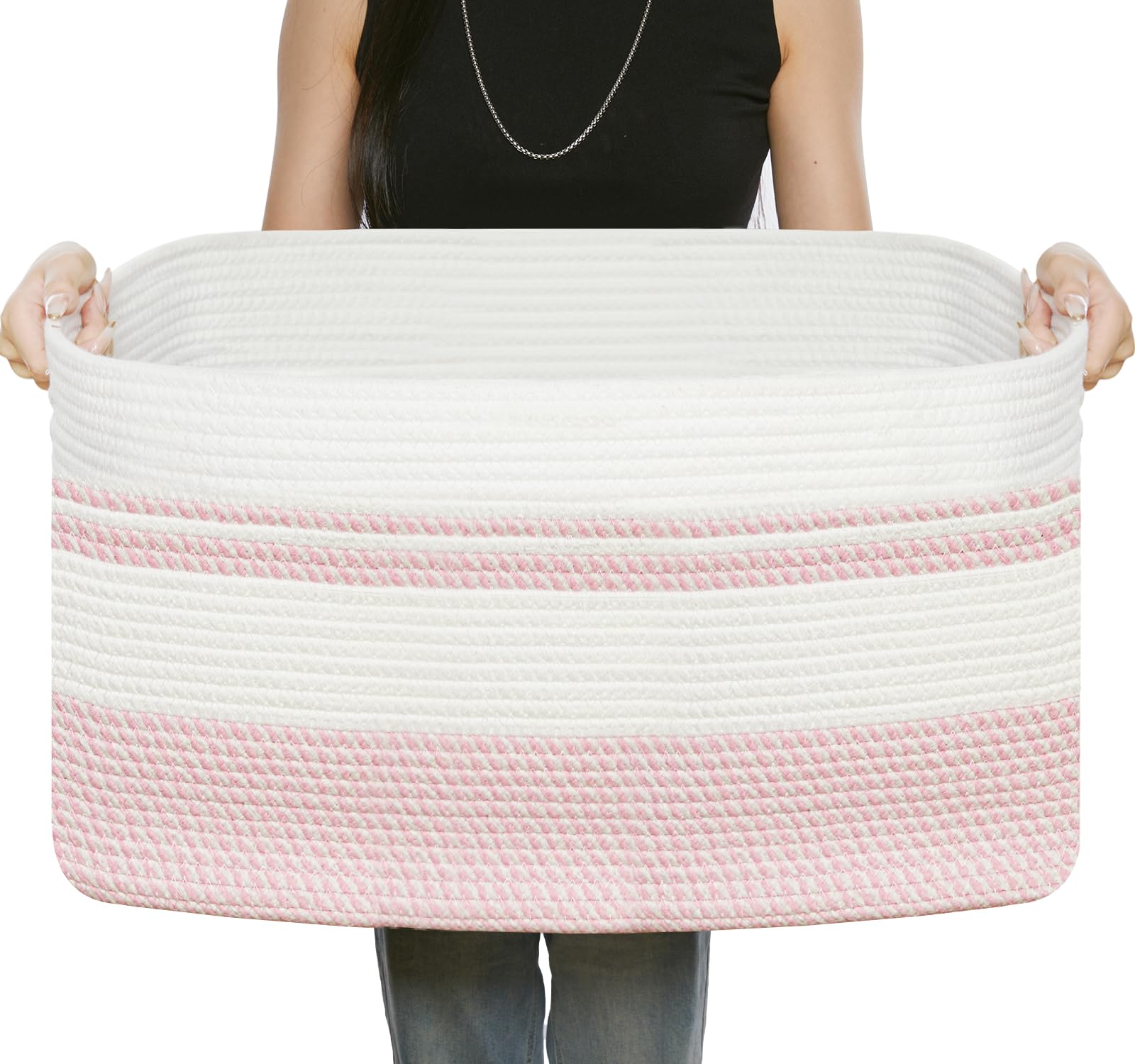 R RUNKA Large Rectangular Cotton Rope Storage Basket - 82L- Ideal for Toy Storage, Blankets, Laundry, Woven Organizer for Living Room, Bedroom - 22"x17"x12"（White & Pink）