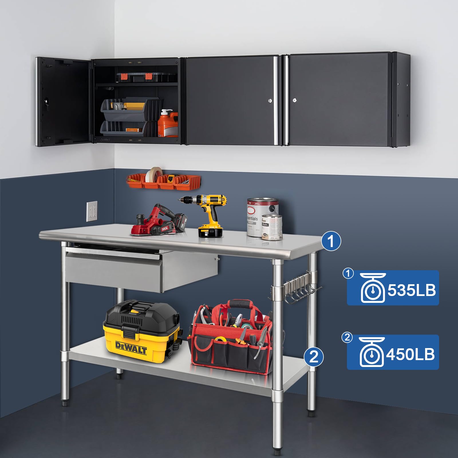 HARDURA Stainless Steel Prep Table with Drawer 24" x 48" NSF Heavy Duty Bench with Undershelf, Hook and Galvanized Legs for Commercial Food Prep