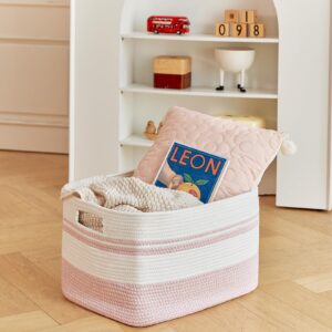 R RUNKA Large Rectangular Cotton Rope Storage Basket - 82L- Ideal for Toy Storage, Blankets, Laundry, Woven Organizer for Living Room, Bedroom - 22"x17"x12"（White & Pink）