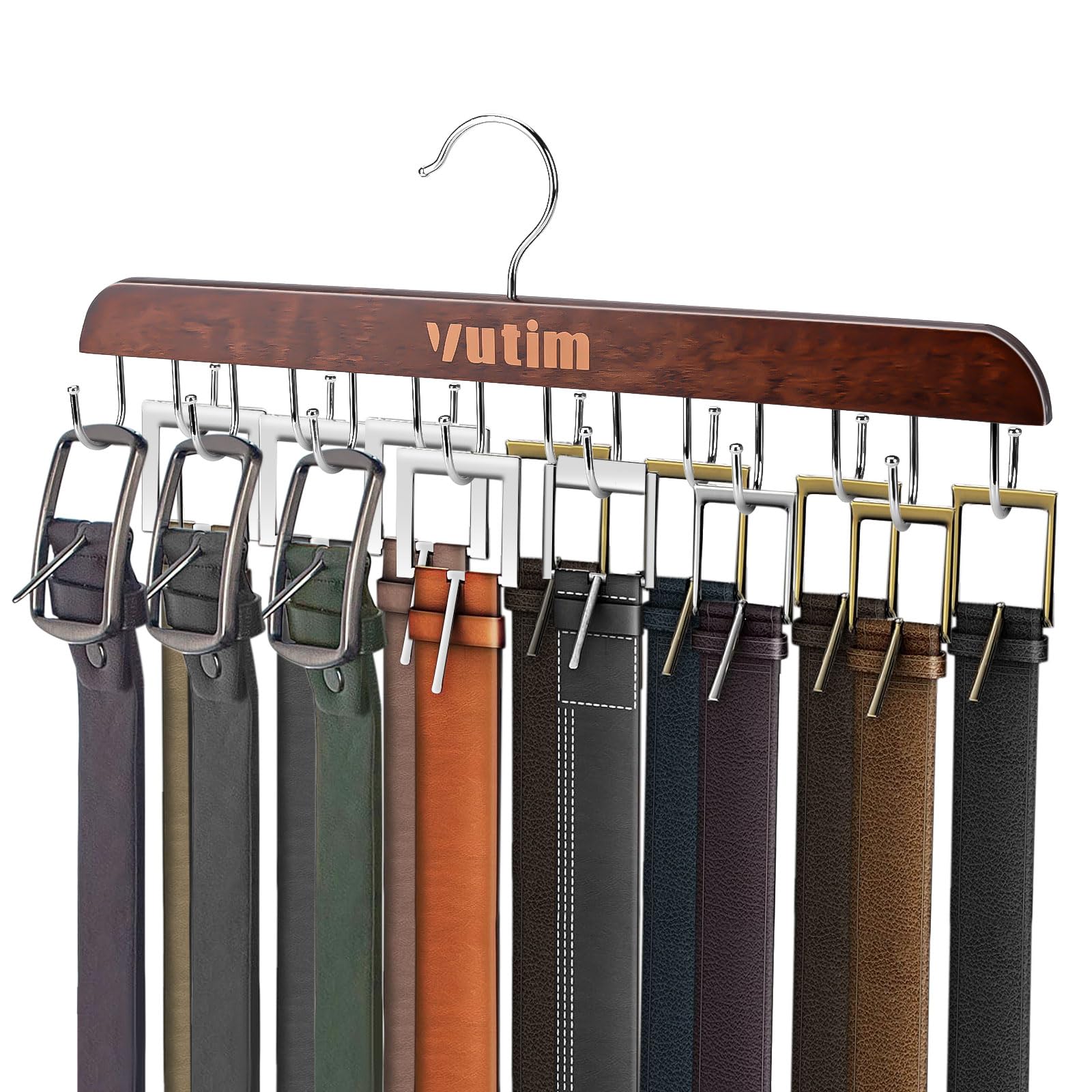 Belt Hooks, Vutim Wardrobe Belt Hanger, 14 Swivel Quality Hooks, Large Capacity Wooden Belt Organizer, Space Saving Belt Hanger for Belts, Ties, Vests, Bras, Hats