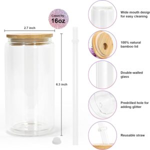 CHLJAR 16oz Snow Globe Tumbler, 25pack Sublimation Snowglobe Cup with Bamboo Lids and Straws, Double Walled Glass Mug Bulk, Pre Drilled Glass Blank for Snow Globe Glitter, Individual Packaging