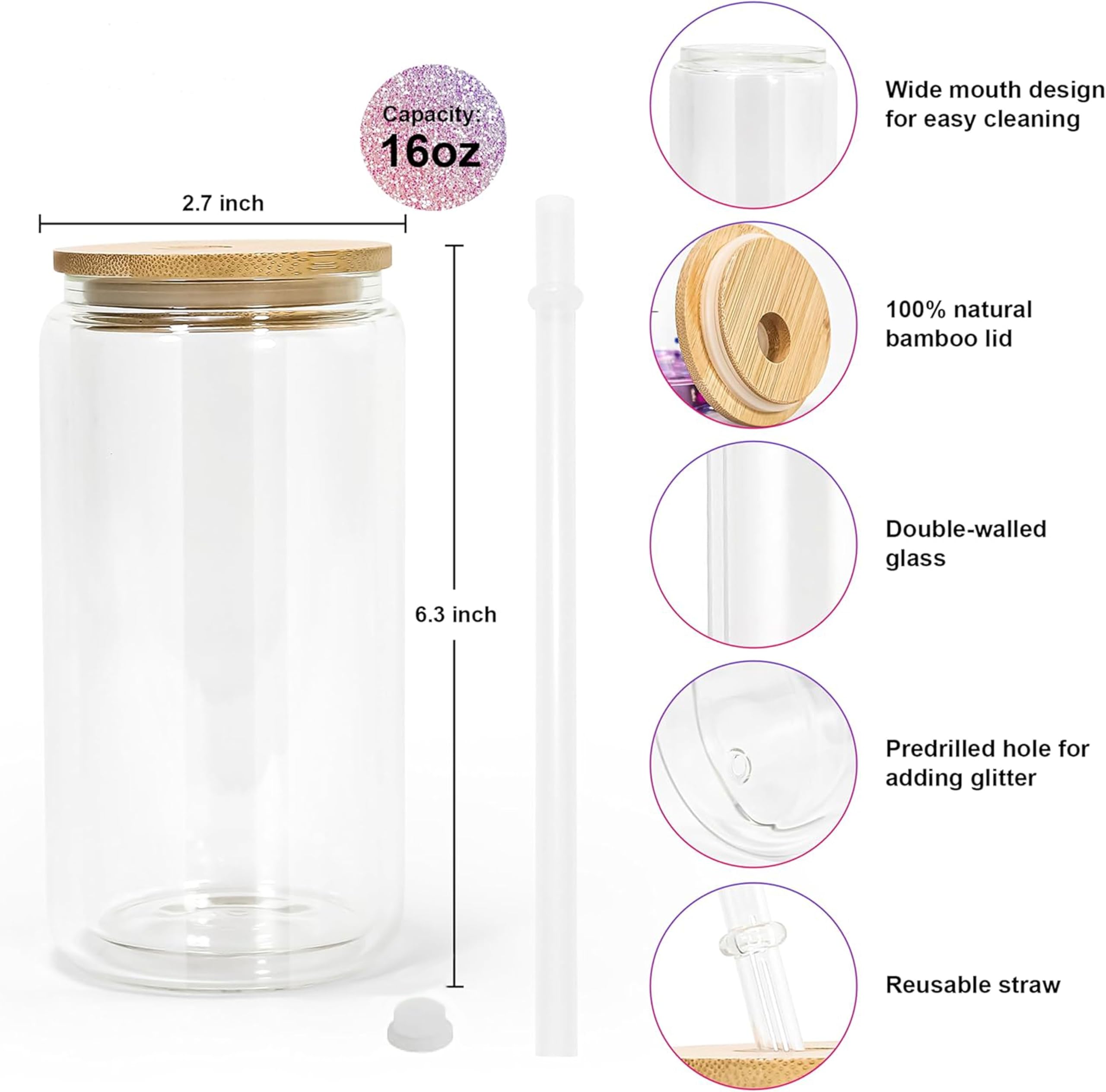 CHLJAR 16oz Snow Globe Tumbler, 25pack Sublimation Snowglobe Cup with Bamboo Lids and Straws, Double Walled Glass Mug Bulk, Pre Drilled Glass Blank for Snow Globe Glitter, Individual Packaging