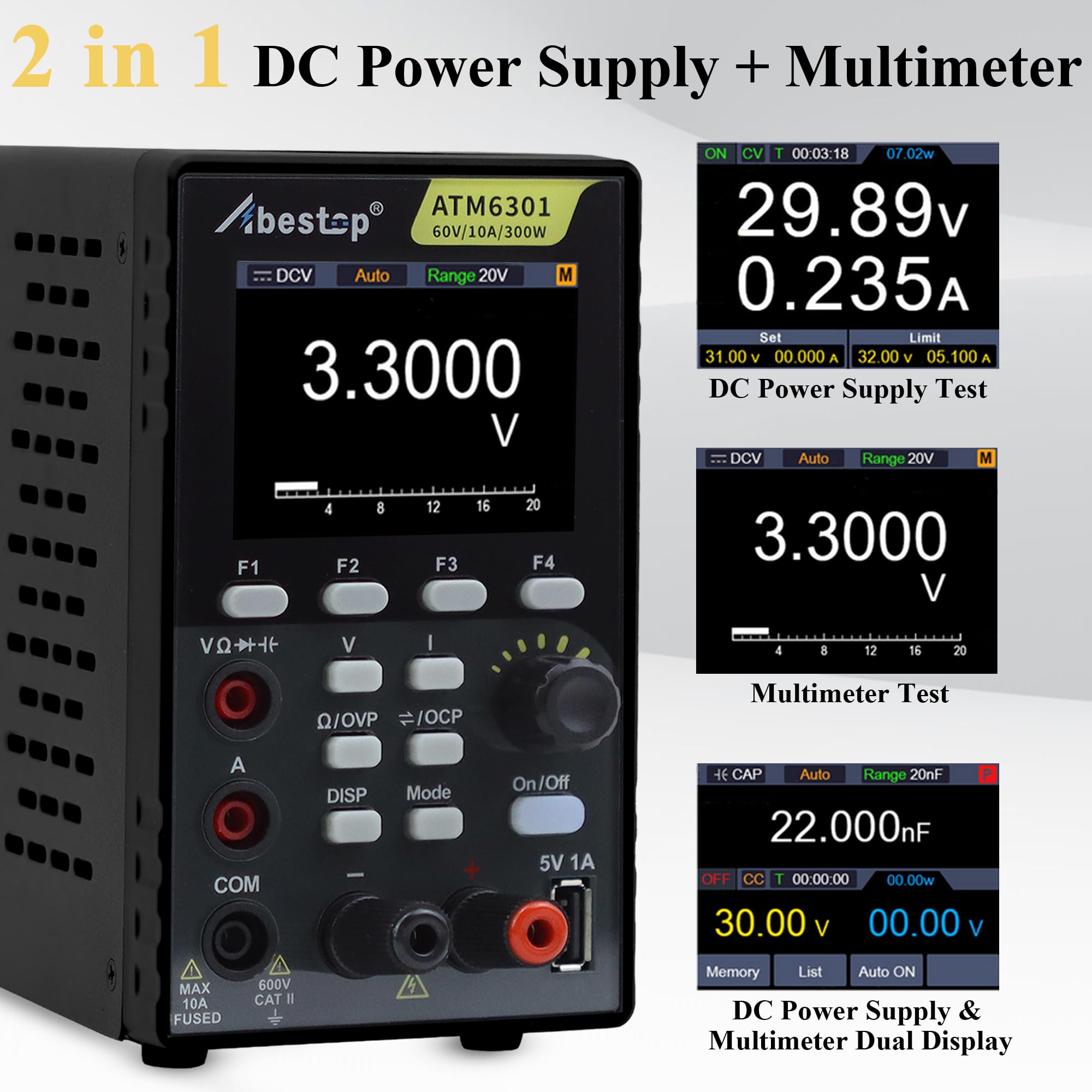 2 in 1 DC Power Supply Multimeter 60V/ 10A Benchtop Power Supply Multiple Protections 2.8" LCD USB Charging (60V/10A/300W/ATM6301)