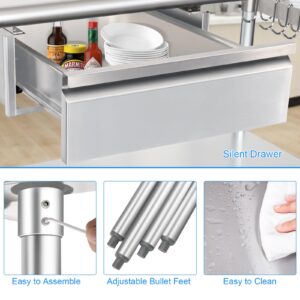 HARDURA Stainless Steel Prep Table with Drawer 24" x 48" NSF Heavy Duty Bench with Undershelf, Hook and Galvanized Legs for Commercial Food Prep