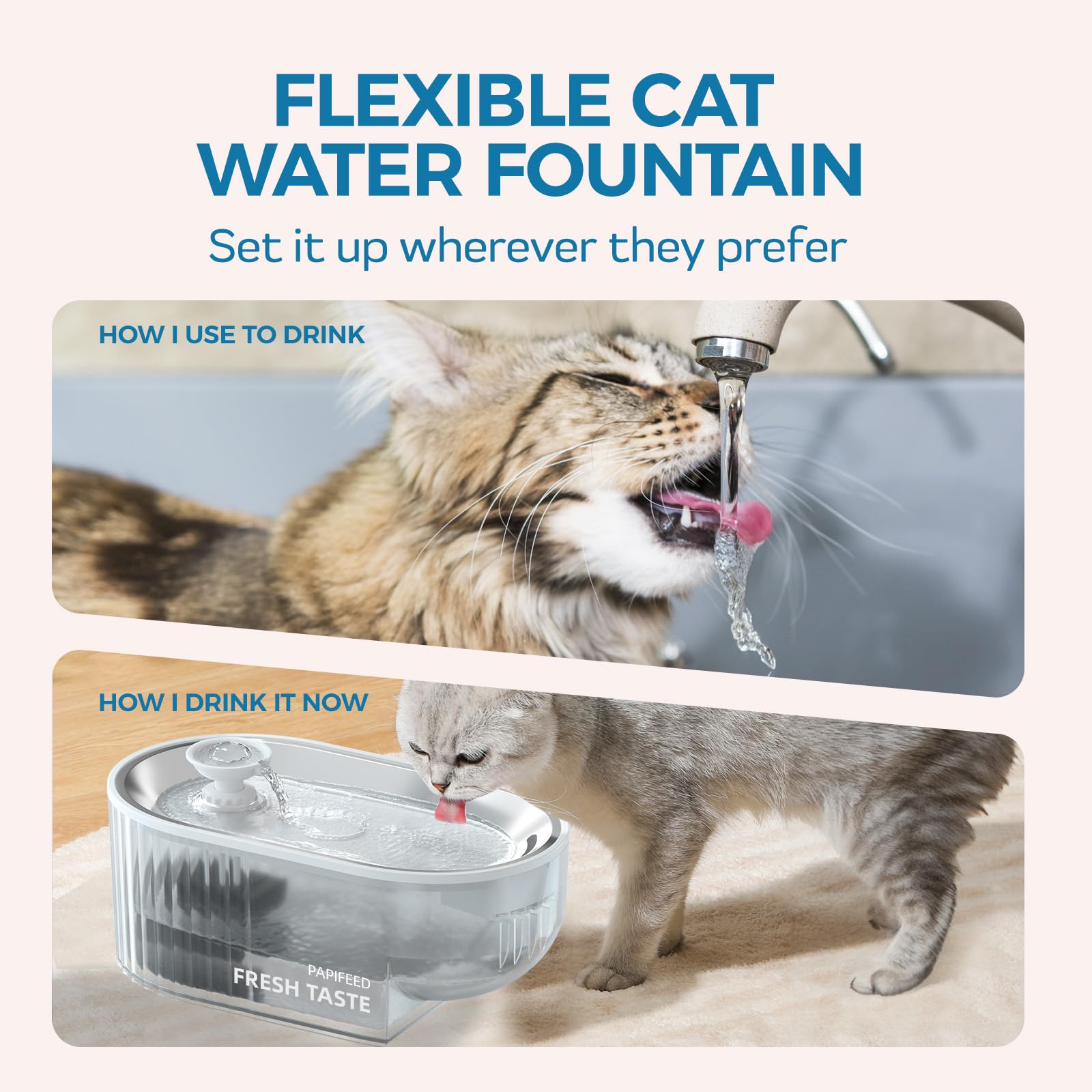 Cat Water Fountain, 84oz/2.5L Automatic Pet Water Fountain Dog Water Dispenser with a Stainless Steel Tray, Easy Cleaning for Cats, Dogs, LED Light - Clear