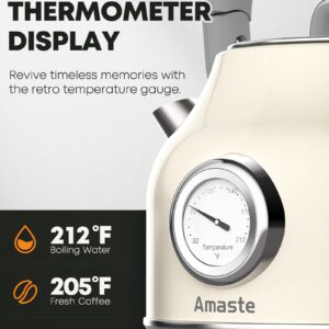 Amaste Electric Kettle, Retro Electric Tea Kettle With Thermometer, 57 Oz Hot Water Kettle For Coffee & Tea, 304 Stainless Steel, 1500w Fast Boiling, Auto Shut-Off & Boil Dry Protection, Cream White