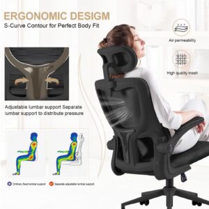 XUEGW Ergonomic Mesh Office Chair Computer Desk Chair with FILP up Armrest Gaming Chair with Lumbar Support Adjustable Headrest Height Swivel Chair for Home and Office