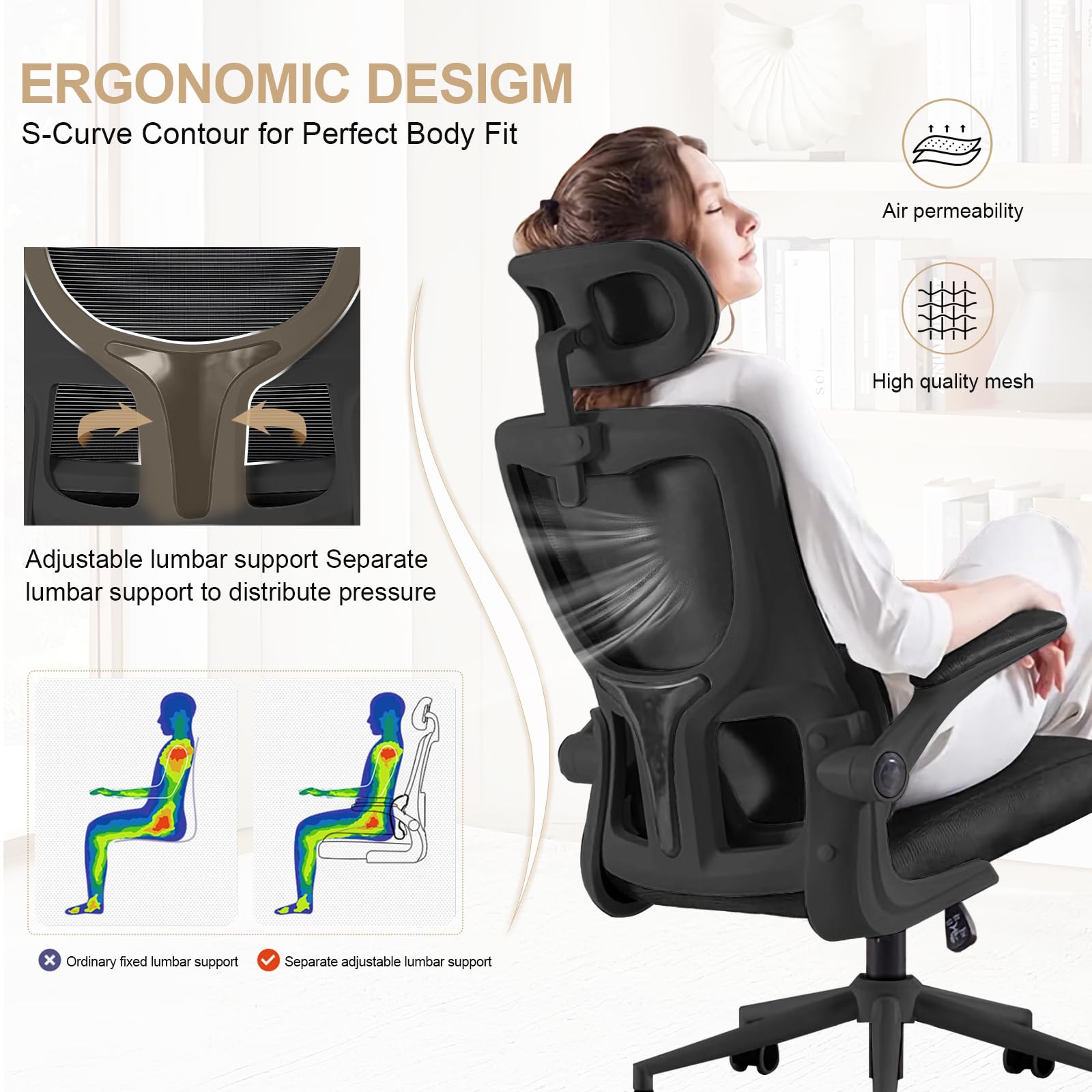 XUEGW Ergonomic Mesh Office Chair Computer Desk Chair with FILP up Armrest Gaming Chair with Lumbar Support Adjustable Headrest Height Swivel Chair for Home and Office