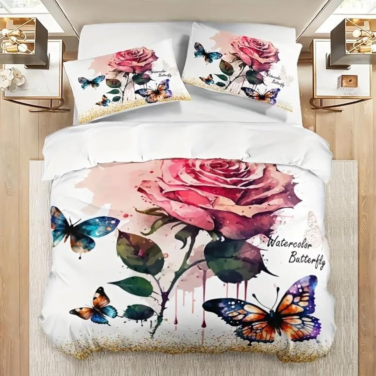 JAQWLL 3pcs Fashion Fresh Duvet Cover Set, Butterfly Floral Print Bedding Set, Soft Comfortable and Skin-Friendly Duvet Cover, for Bedroom Guest Room (1*Duvet Cover + 2*Pillowcase, Without Core) Twin