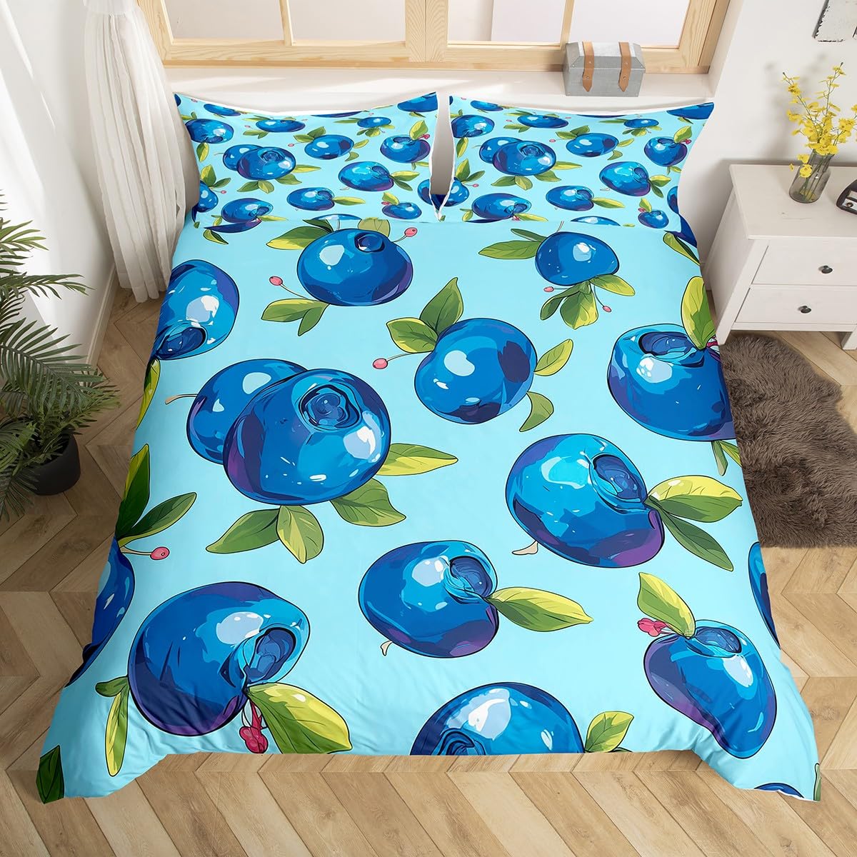 Manfei Cartoon Blueberry Kids Duvet Cover Set Queen Size,Summer Tropical Fruits Bedding Set,Boys Girls Room Decor,Hawaii Summer Beach Comforter Cover,Blue Green Quilt Cover,2 Pillowcases