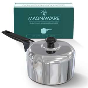 magnaware cast aluminum sauce pan with lid 2 quart - multipurpose lightweight saucepan with 2 side pour spouts & stay-cool handle - small cooking pot for sauces, pasta, soup - oven safe