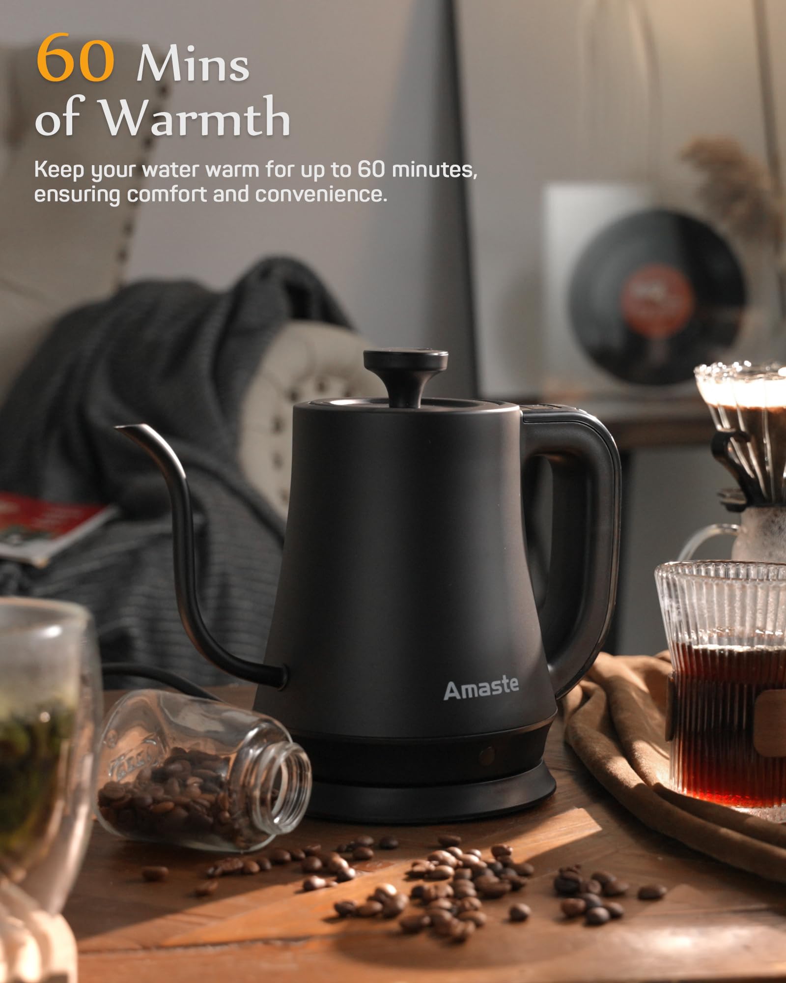 Amaste Gooseneck Electric Kettle, Electric Tea Kettle With Temperature Control, 34oz Pour Over Electric Kettle for Coffee & Tea, 304 Stainless Steel Inner, Auto Shut-Off & Keep Warm, Matte Black