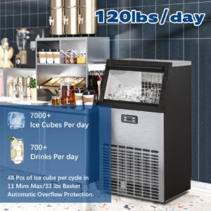 DOGHLY 120lbs/24H Commercial Ice Maker,48 Cubes/11mins, 33lbs Ice Storage Capacity, Counter Ice Maker Self Cleaning, 24 Hour Timer Stainless Steel Freestanding Ice Maker Machine (120lbs/day)