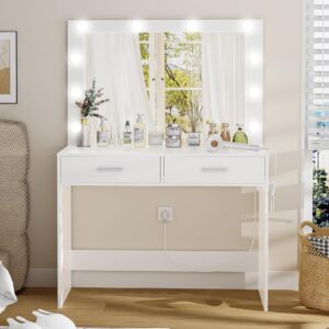 fioneso vanity desk with large mirror, makeup vanity table with power strip, 10 lights & 2 drawers, dressing table set with 3 lighting color adjustable for women and girls, bedroom, white