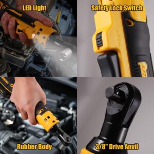 Electric Ratchet, Cordless Ratchet Wrench 3/8" Compatible with DEWALT 20V Battery, 74Ft-lb, 580 RPM, Variable Speed Trigger, LED Light, 3/8" to 1/4" Adapter, 9 Sockets, No Battery Included