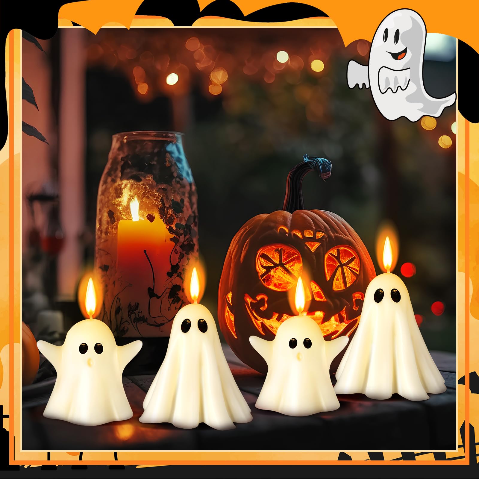 Conelist 6 Pieces Halloween Large Ghost Candles White Spooky Ghost Scented Candles Halloween Candles Horror Gifts Candle Tea Lights Goth Room Decor for Dining Table Party Bedroom(Cute Style)