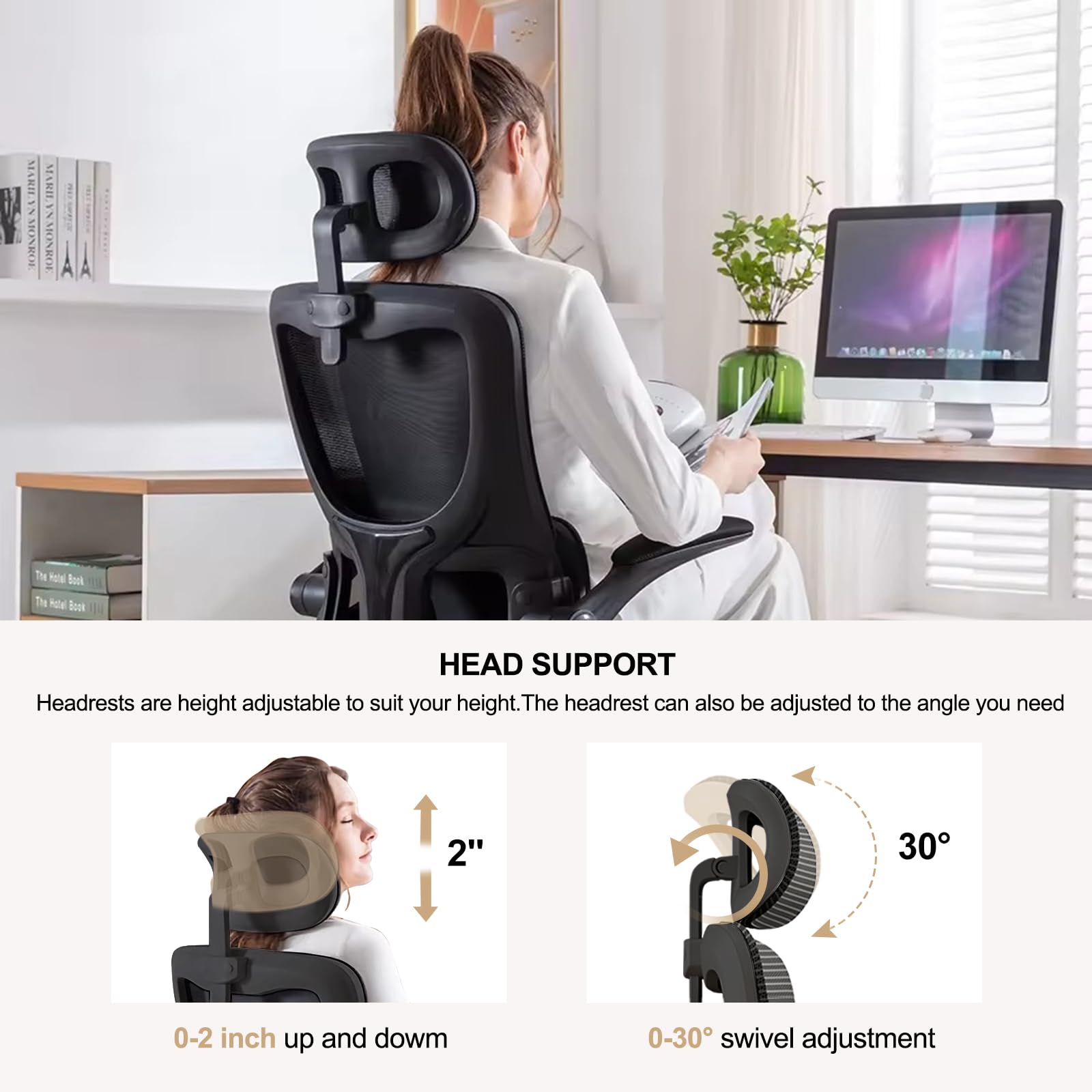 XUEGW Ergonomic Mesh Office Chair Computer Desk Chair with FILP up Armrest Gaming Chair with Lumbar Support Adjustable Headrest Height Swivel Chair for Home and Office