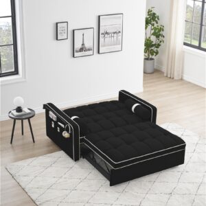 LITVZ Love Seat Sleeper Bed, 3 in 1 Convertible Sleeper Sofa Couch with Pull Out Bed, Velvet Futon Sofa Bed with Phone Holder, Pillows and Pockets for Living Room Apartment Small Place (Black)