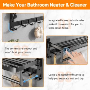 Towel Racks for Bathroom 24in, Black Towel Rack Wall Mounted, Foldable Bathroom Towel Rack with Shelf, Towel Holder with Towel Bar, Drilling/Adhesive Wall Towel Rack for Rental/Laundry,5 Sliding Hooks