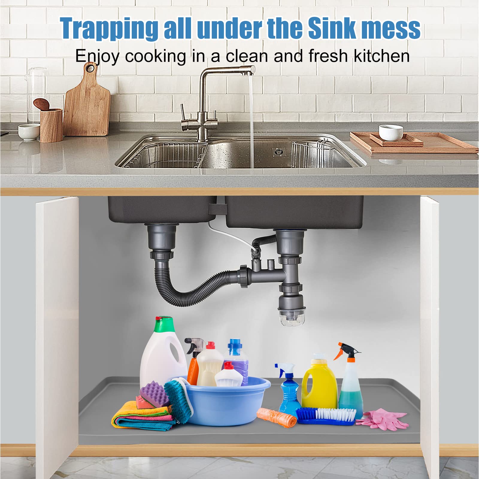 Under Sink Mat for Kitchen Waterproof, 37" x 19" Silicone Under Sink Liner Kitchen & Bathroom Cabinet Protector Mats, Heavy Duty Flexible Under Sink Drip Tray with Lip, Cool Grey