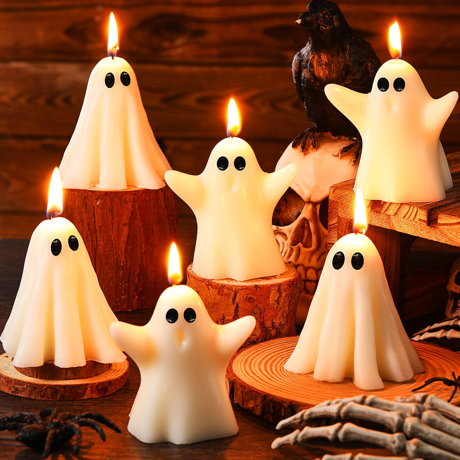 Conelist 6 Pieces Halloween Large Ghost Candles White Spooky Ghost Scented Candles Halloween Candles Horror Gifts Candle Tea Lights Goth Room Decor for Dining Table Party Bedroom(Cute Style)