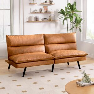 hcore, faux leather futon couch, memory foam small splitback loveseat sleeper sofa bed sofabed, pure brown