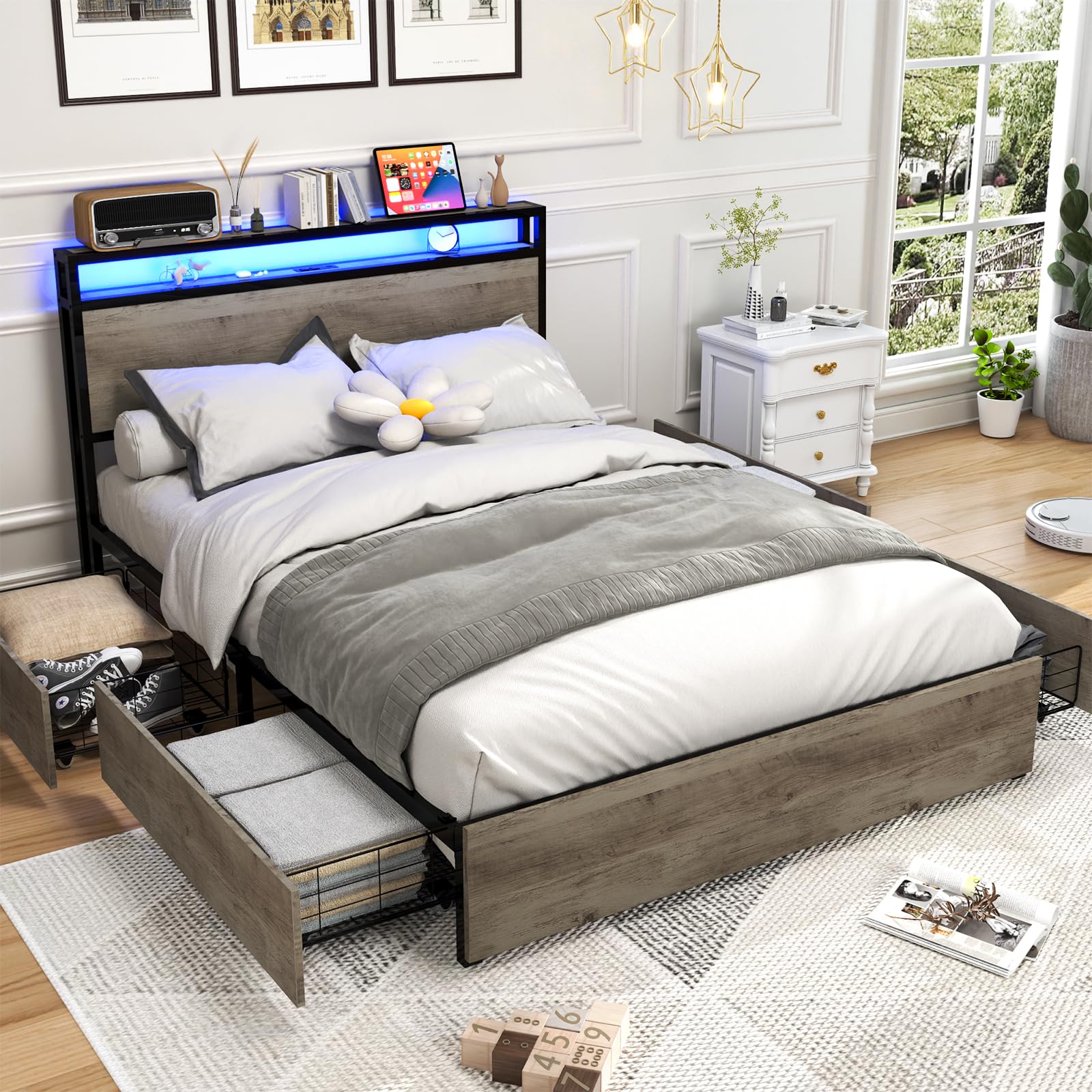 Kiivakii Full Size Bed Frame with Headboard, LED Platform Bed with 4 Storage Drawers, Built in Charging Station, Noise-Free, Metal Support Base, No Box Spring Needed, Gray