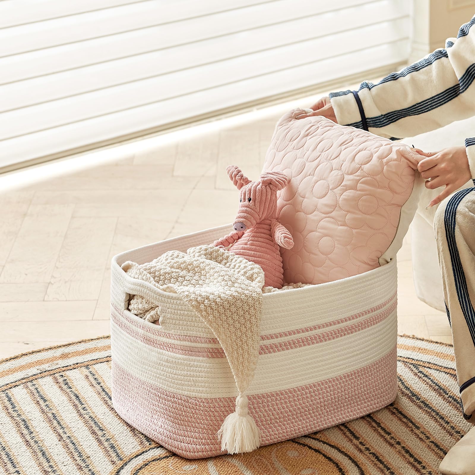 R RUNKA Large Rectangular Cotton Rope Storage Basket - 82L- Ideal for Toy Storage, Blankets, Laundry, Woven Organizer for Living Room, Bedroom - 22"x17"x12"（White & Pink）