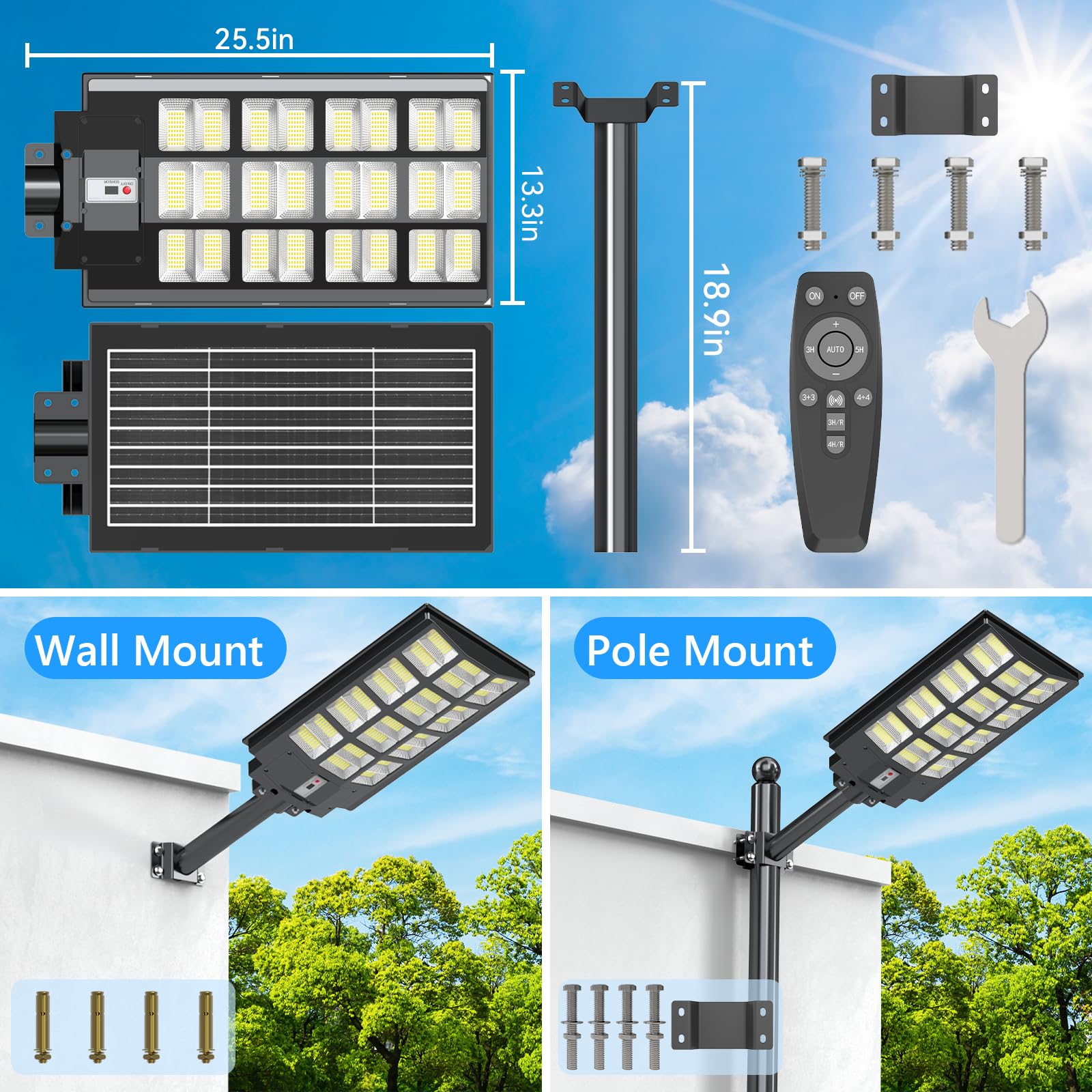 TENKOO Solar Street Lights Outdoor 4000W Solar Parking Lot Lights, 230000 Lumens Solar Street Lights with Motion Sensor LED Wide Angle Lamp Waterproof IP67 Commercial Lighting for Yard