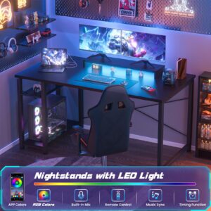 Besiost Gaming Desk with Lights, Reversible Computer Desk with Power Strips, 39.4 Inch Gaming Desk with Moveable Monitor Stand and Shelves, Small Desk for Small Spaces, PC Gaming Desk for Home, Black