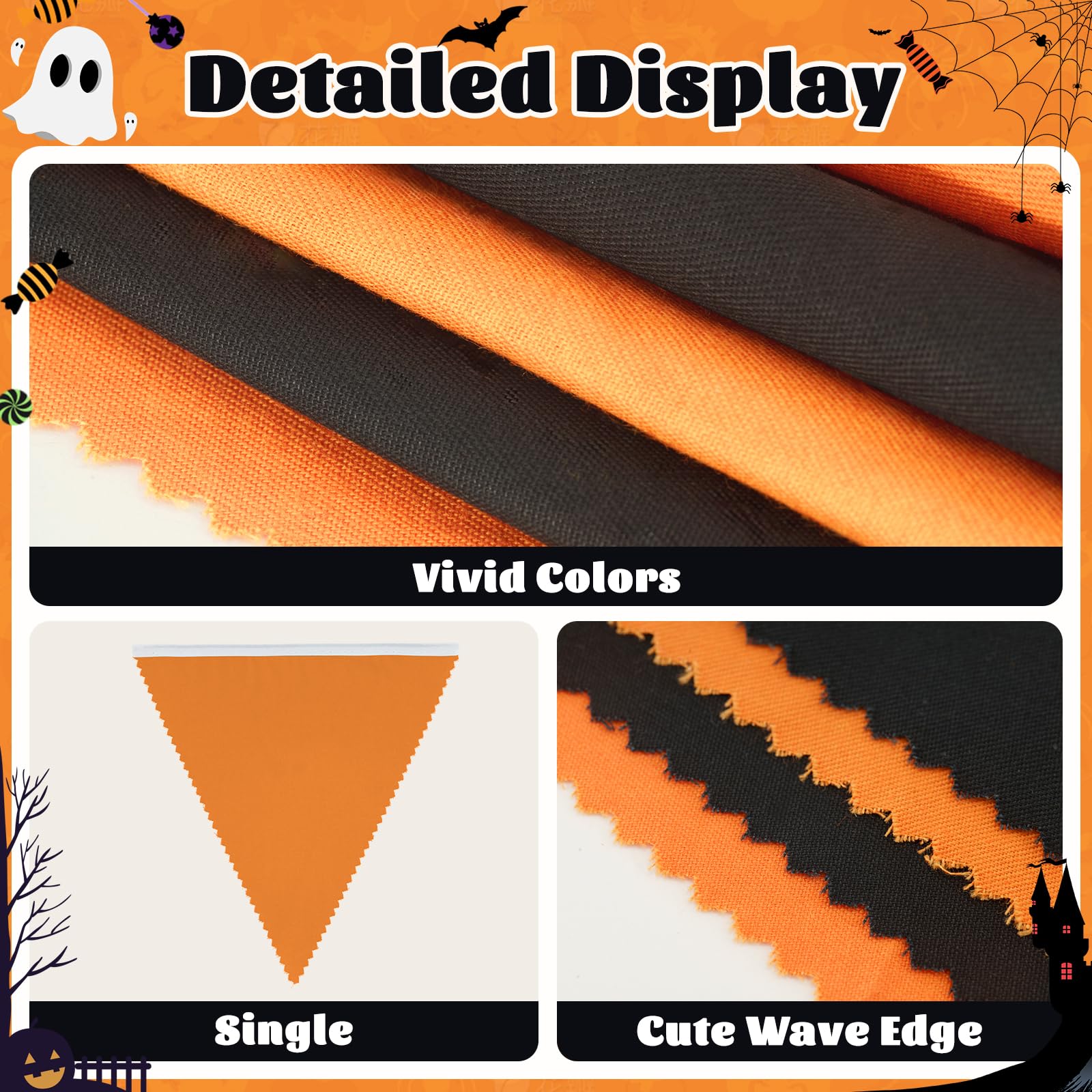 GCQQ Black Orange Banner Decoration, 40Ft Halloween Pennant Banner, 42Pcs Triangle Pennant Flags Banner, Fabric Flag Banner for Halloween, Grad, Birthday,Bridal Shower, Wedding Party Decoration