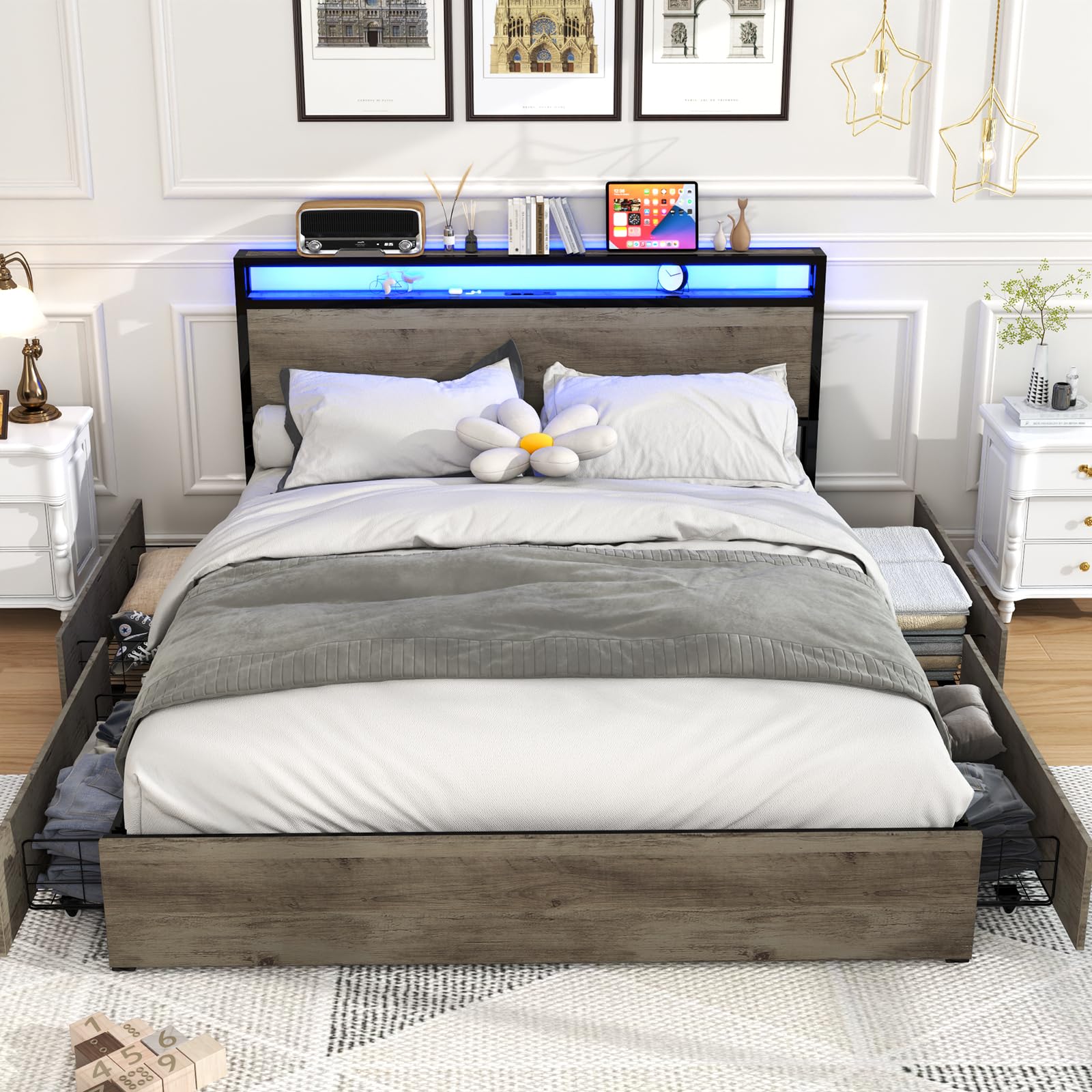 Kiivakii Full Size Bed Frame with Headboard, LED Platform Bed with 4 Storage Drawers, Built in Charging Station, Noise-Free, Metal Support Base, No Box Spring Needed, Gray