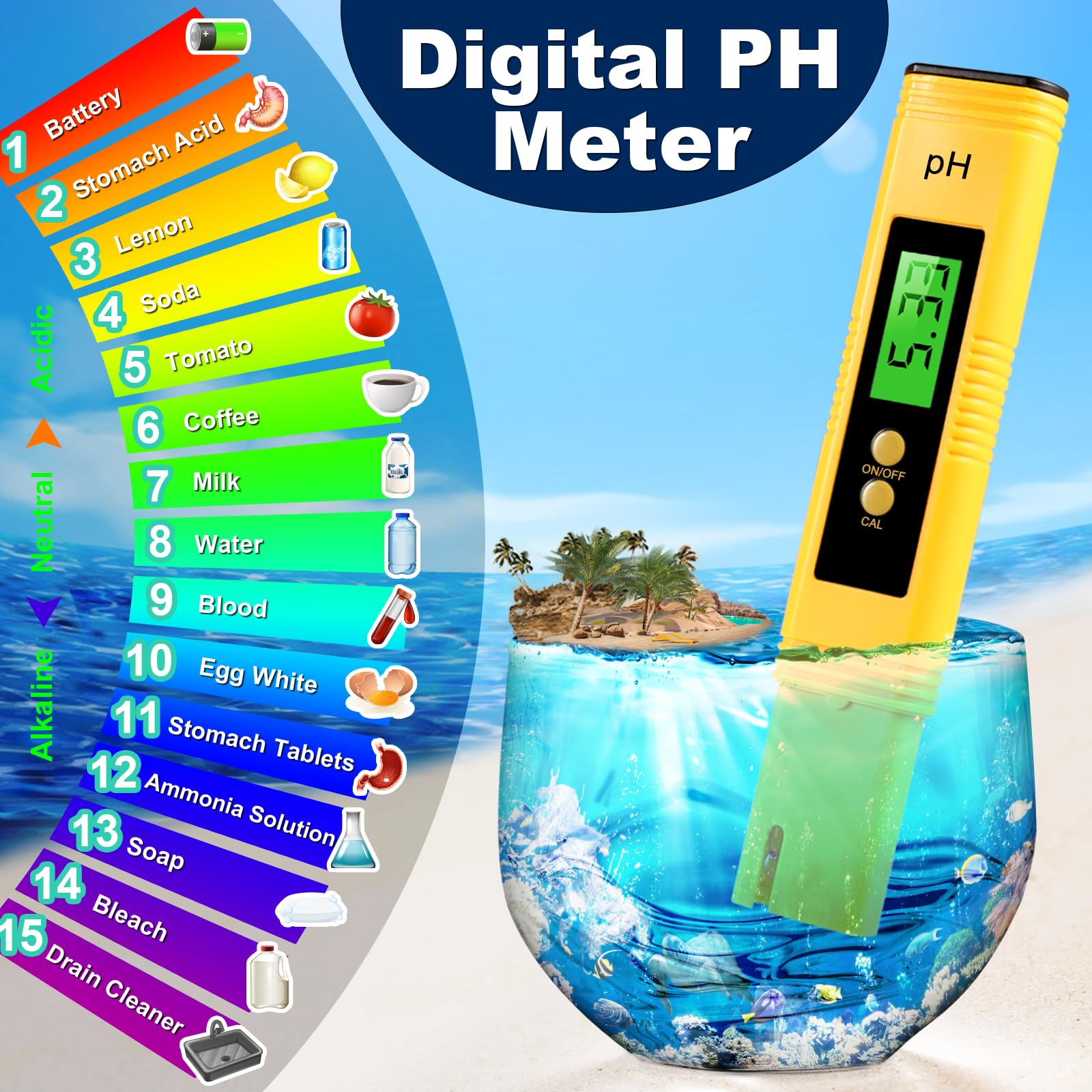 versando Digital pH Meter, pH Meter for Water, 0-14 pH Measurement Range pH Tester, 0.01 High Precision Water Quality Tester with ATC for Drinking Water Pool, Yellow