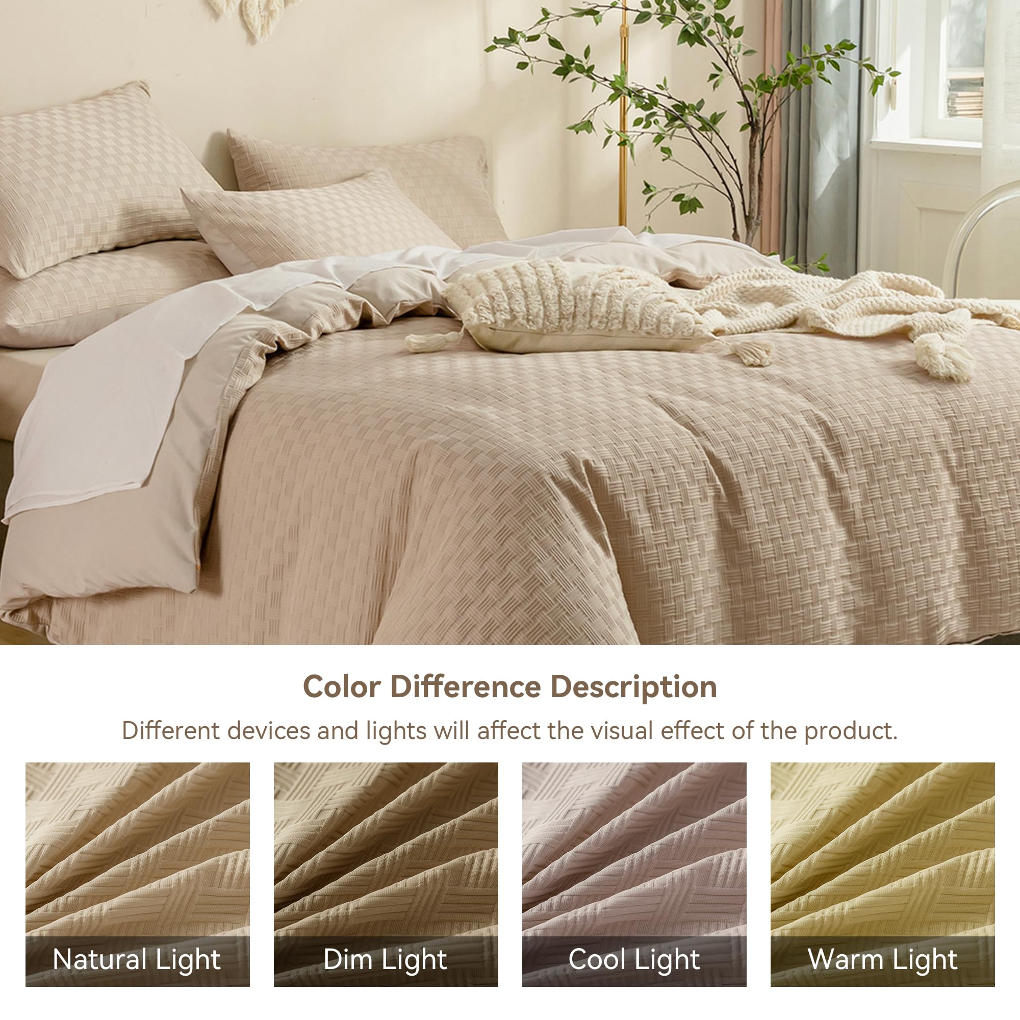 JELLYMONI Khaki Duvet Cover Twin Size - 3 Pieces Soft and Breathable Microfiber Knitted Jacquard Waffle Weave Striped Comforter Cover with 8 Corner Ties & Zipper Closure