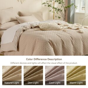 JELLYMONI Khaki Duvet Cover Queen Size - 3 Pieces Soft and Breathable Microfiber Knitted Jacquard Waffle Weave Striped Comforter Cover with 8 Corner Ties & Zipper Closure