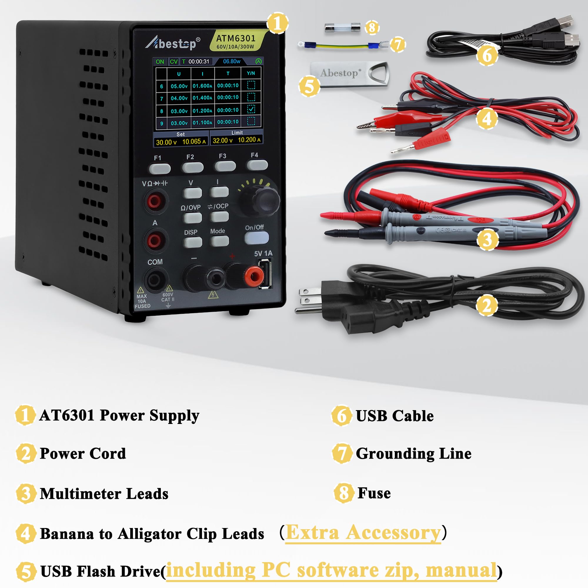 2 in 1 DC Power Supply Multimeter 60V/ 10A Benchtop Power Supply Multiple Protections 2.8" LCD USB Charging (60V/10A/300W/ATM6301)