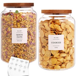 czhqsmz set of 2 large glass flour and sugar containers with 132 pantry labels - glass food storage jars with airtight bamboo lid for flour pasta candy coffee cookie and more(1 gallon/4000 ml)