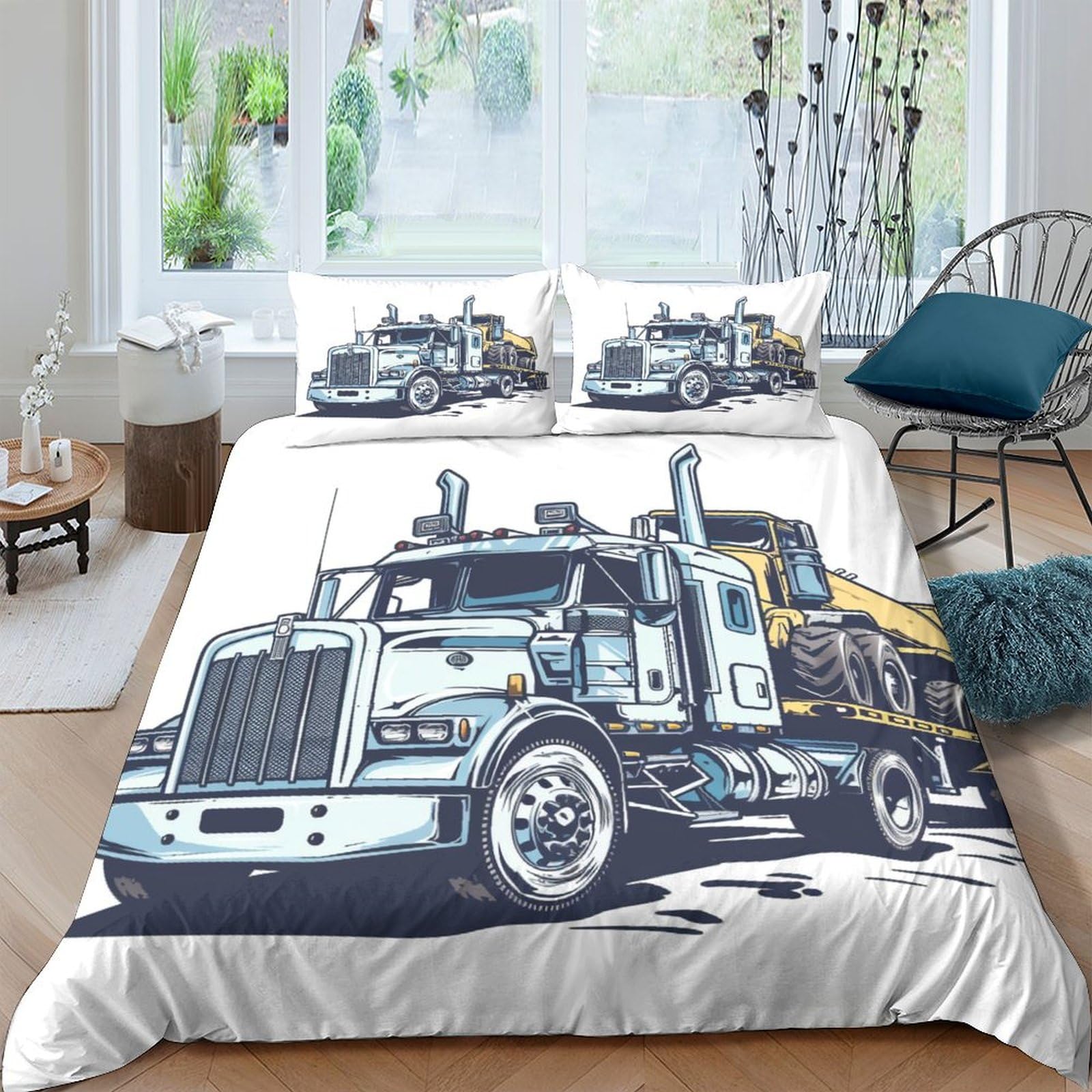 Semi Truck Duvet Cover Quilt Cover Comforter Covers for Boys Girls 3D Printed Heavy Equipmet Hauling Soft Microfiber Bedding Set with Zipper Closure with Pillow Cases 3 Pieces Twin（173x218cm）